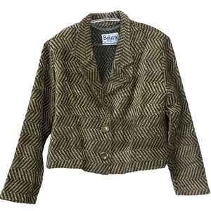Vtg Beluva USA Chenille Tweed Herringbone Cropped Knit Jacket Tan Olive Size L